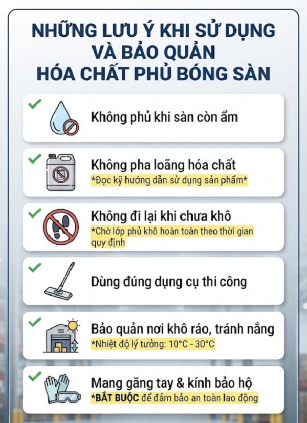 Những lưu ý khi sử dụng và bảo quản hóa chất phủ bóng sàn an toàn 9 hoa chat phu bong san cong nghiep